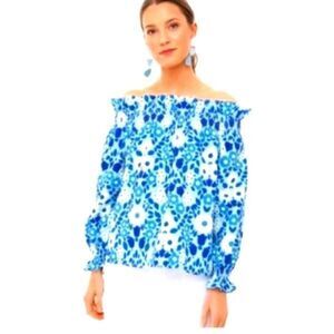 Tuckernuck Blue Majolica Marguerite Off the Shoulder Blouse Size XS
